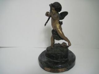 Vintage Jean Antoine Houdon Bronze Cupid Sculpture on Green Marble