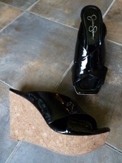 Jessica Simpson VFUMM2 Black Patent Leather Wedge Sandals Heels Size