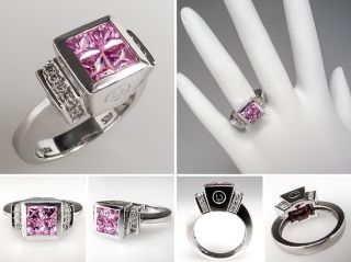 Pink Sapphire Engagement Ring w/ Diamonds Solid 14K White Gold Estate