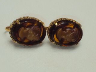 Vintage Florenza Rootbeer Glass Cameo Clip on Earrings