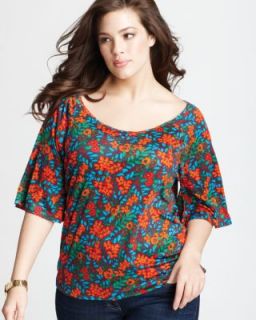 Jet Corp New Multi Color Elbow Sleeves Printed Keyhole Tee Casual Top