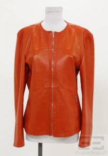 Jil Sander Orange Leather Topstitched Zip Front Jacket Size 42