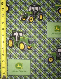 John Deere Blue Diagonal Plaid Tractor 100 Cotton Quilt Fabric BTY Yards NOB  