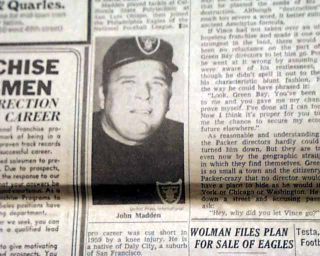 NFL Icon John Madden Becomes Oakland Raiders Head Football Coach 1969 Newspaper  