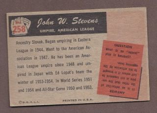 1955 Bowman 258 JOHN W STEVENS Umpire American League NM  