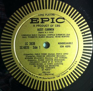 Pierre Michel Le Conte Bizet Carmen 3 LP VG SC 6035 Vinyl Epic 1st Press Mono  