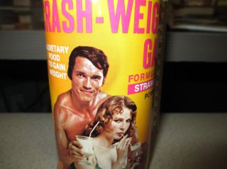 Joe Weider Crash Weight Gain 1970s Arnold Schwarzenegger food drink mix can  