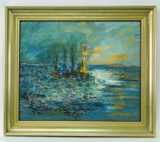 Josette Guillou French Impressionist Impasto Seascape w Sailboats Painting  