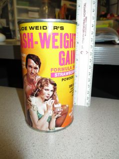 Joe Weider Crash Weight Gain 1970s Arnold Schwarzenegger food drink mix can  