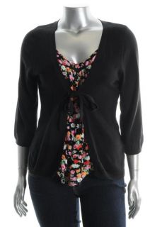 Joseph A NEW Black 3 4 Sleeve Inset Tank Tie Front Cardigan Pullover Sweater M  