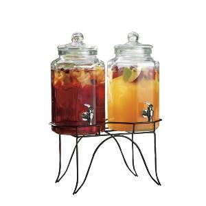 Del Sol Set of 2 Glass Juice Beverage Dispensers on Rack  