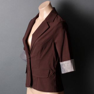 Brown 3 4 Sleeves Stripes One Button Lapel Blazer Jacket Outerwear Size M  