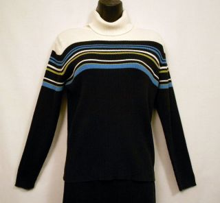 Karen Scott Pullover Sweater Womens Size M Black Stripe Turtleneck 3 4