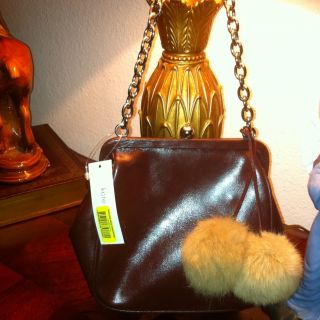 Kate Landry brown leather shoulder bag purse with fur Pom Poms & Chain