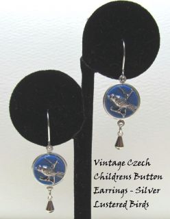 Pierced EARRINGS Vintage CZECH Kids BUTTONS Silver Luster Glass BLUE