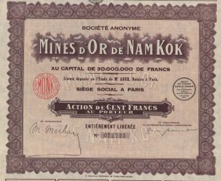 Indochina Nam Kok Gold Mines Stock Certificate 1929