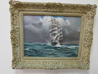 Oil Painting Clipper SHIP on Stormy Sea Signed B Knuth 1955