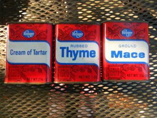 Vintage Kroger Spice Tins Cream of Tartar, Mace & Thyme Ex. Cond. FREE