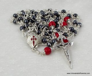  Unbreakable Rosary Beads w Santiago de Compostela Crucifix Gray Red