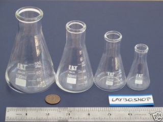 New 4 Lot of ERLENMEYER FLASKS Lab Glass Pyrex CONICAL BEAKERS Small