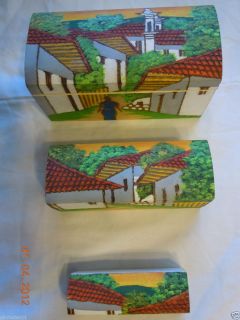 Hand Made Carved Painted Wooden Jewerly Box Set 3 Pieces
