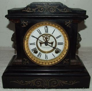 Antique ANSONIA La France Black Cast Iron Open Escapement Mantel Clock