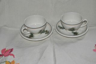 Two Lake Placid Club Syracuse China Tea Cups Saucers Pine Cones