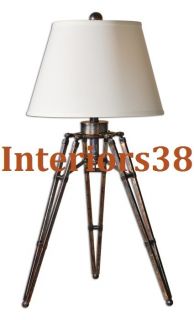 Tripod Oxidized Bronze Industrial Table Lamp Off White Shade