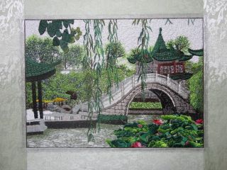  art embroidery painting gardens landscape Bridge lake lotus pavilion