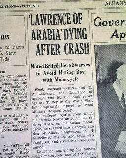 1935 Old Newspaper T E Lawrence of Arabia Motorcycle Accident Eventual