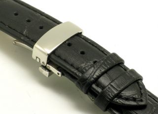 18mm Black Leather Watch Band Croco Deployment Clasp