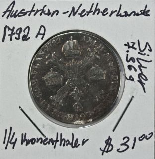 Austrian Netherlands 1 4 Kronenthaler 1792 A Silver Leopold II