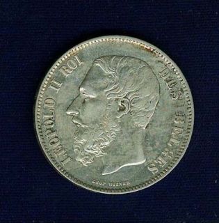Belgium Leopold II 1871 5 Francs Silver Coin XF