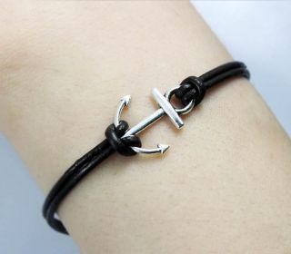 Ancient Silver Little Anchor Brown Leather Chain Bracelet Handmade