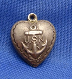 Vintage Silver USN US Navy Anchor Puffy Heart Charm Marked Sterling