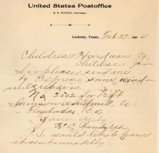1904 Lockney Texas Post Office H C Randolph R B Poynor