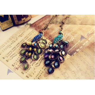 New Women Antiqued Prancing Peacock Multi Sequin Crystal Long Necklace