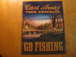 Troubles Go Fishing Rustic Log Cabin Lodge Home Decor Sign New