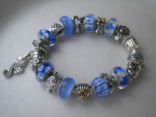 Pandora Bracelet with Blue Murano Glass Beads and Charms