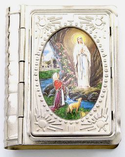 Lady of Lourdes Miniature Book Style Rosary Keepsake Metal Box