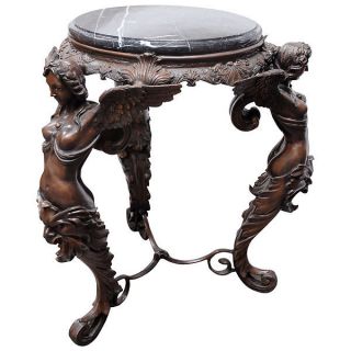 MAGNIFICENT THREE WINGED LADIES BRONZE MARBLE TOP ACCENT TABLE 28DIAM