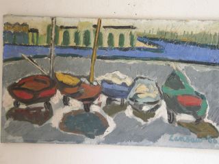 1966 Oil Painting Boats on Wheels Marina Del Rey by Paul Lansaw