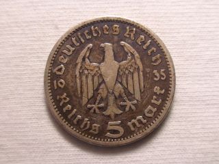SILVER 1935 German 5 Reichs Mark Paul Von Hindenburg 1847 1934 NAZI