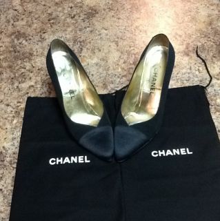 Vintage Chanel Black Silk Stiletto High Heels W Chanel Dust Bags Great