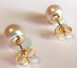14k Gold Round Pearl Pierce Stud Earrings Vintage Estate Jewelry 1 8