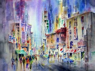 Original Watercolor by Hal McCaskill Chinatown