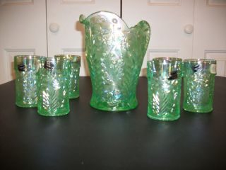 Imperial Carnival Glass Tiger Lilly Ice Green Drink Set