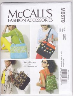 McCalls M6579 Nancy Zieman Tote Bag Backpack Purse Handbag Crafts