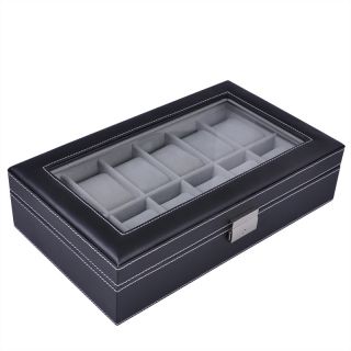 12 Mens Black Leather Glass Top Watch Display Case Box Jewelry Storage
