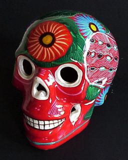 LG 7 Red Day of Dead Skull Hand Painted Peacocks Flowers EX Cond
